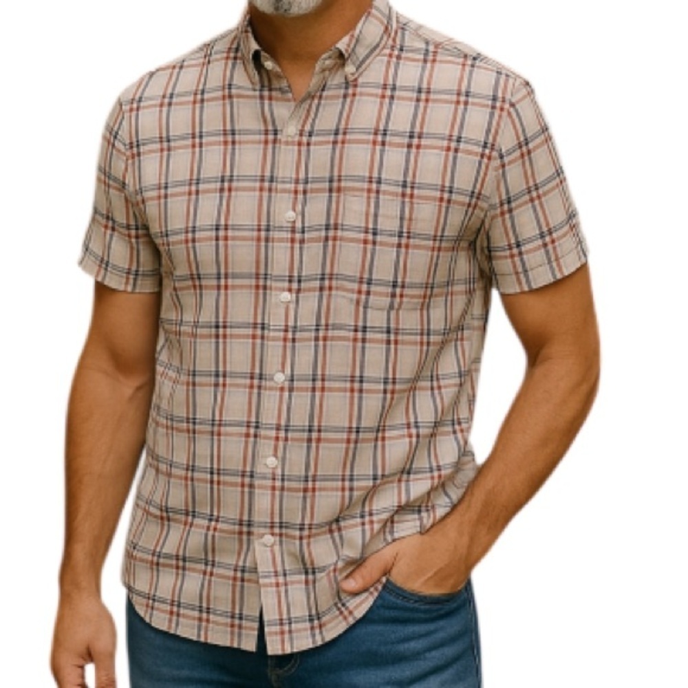 BANANA REPUBLIC Linen Plaid Button Down Shirt Tan Camden Standard Fit Preppy M